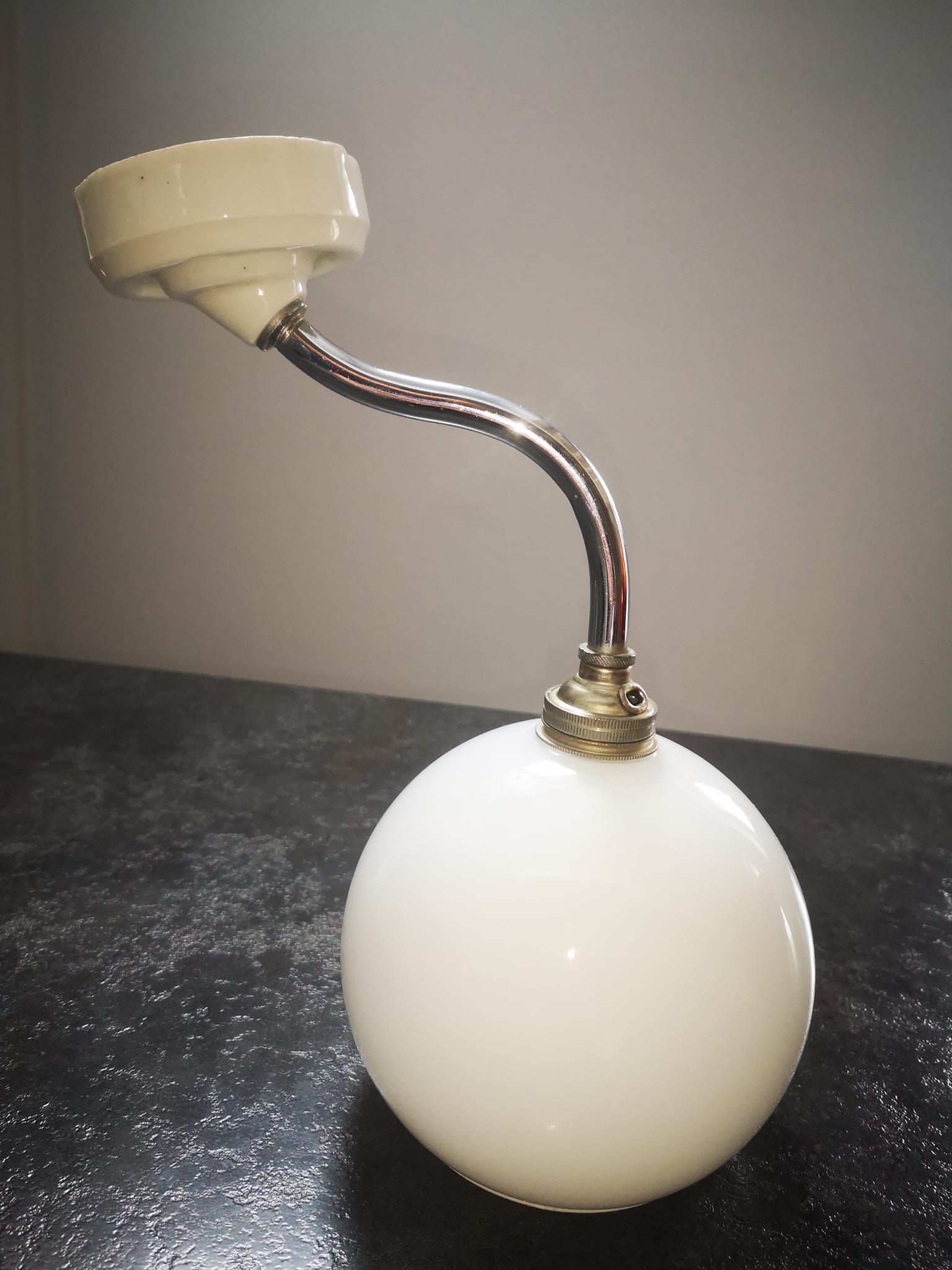 Wall lamp old opaline silver metal globe & porcelain base Art Deco 1930 TBE gooseneck
