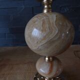 Lamp with base in polished beige-brown stones and its leather lampshade