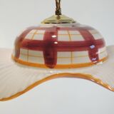 Vintage earthenware pendant light with a burgundy and ochre tartan pattern