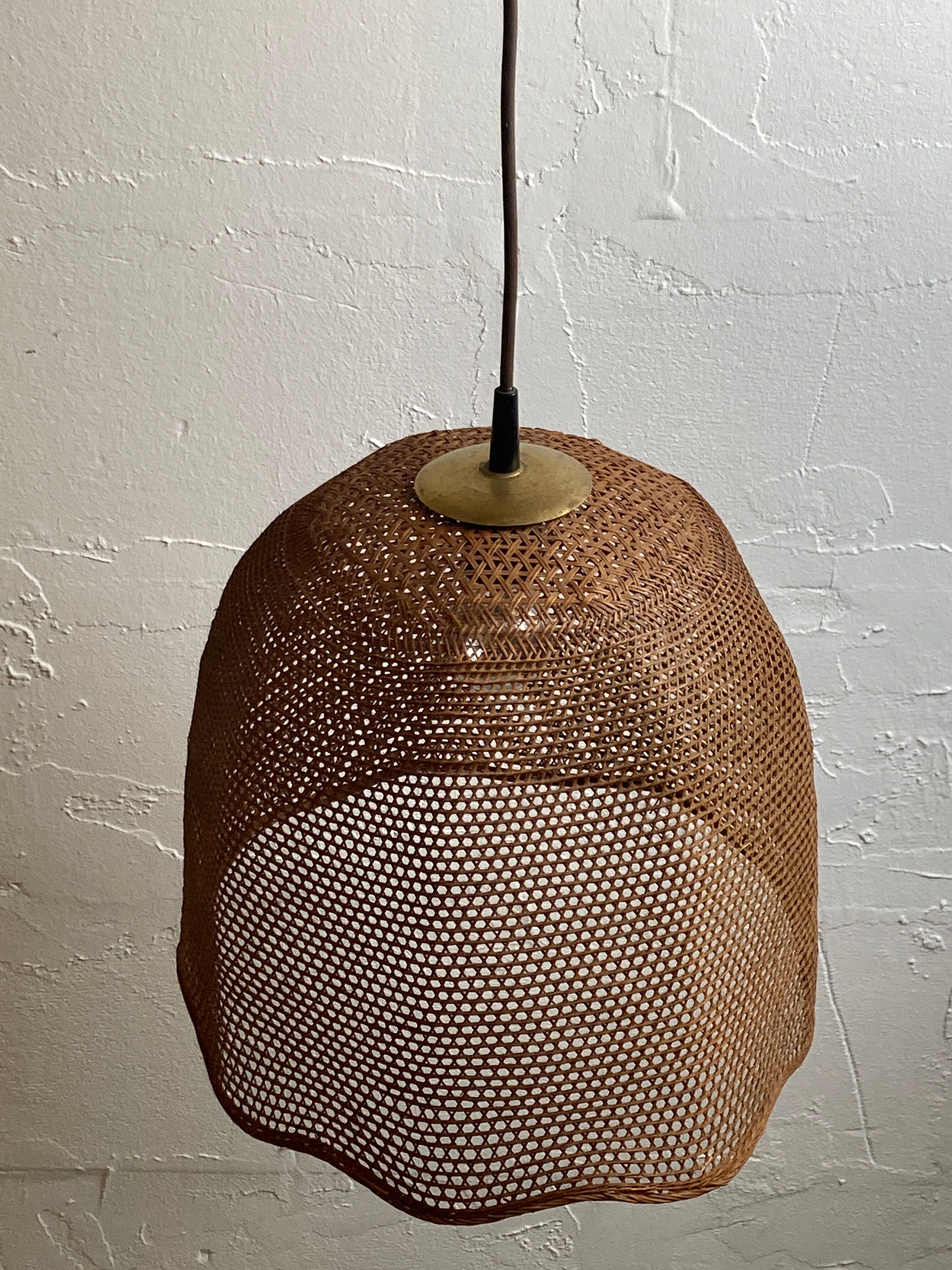 Rattan wicker webbing beehive pedant hanging lamp with brass, Dutch 1960s