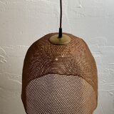 Rattan wicker webbing beehive pedant hanging lamp with brass, Dutch 1960s