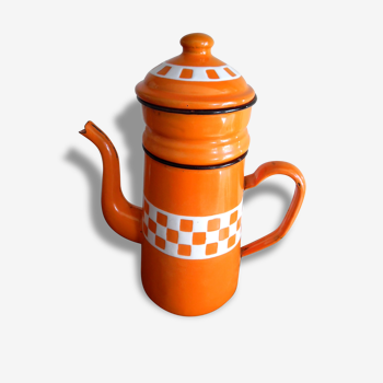 Cafetière émaillée, des années 60 orange et blanche