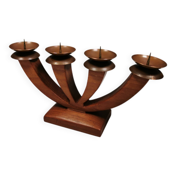 Bougeoir/Porte-bougies de l'Avent, en bois avec 4 supports de bougies en cuivre