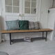 Bench metal structure and cross slate gray wood, waxed seat medium oak.