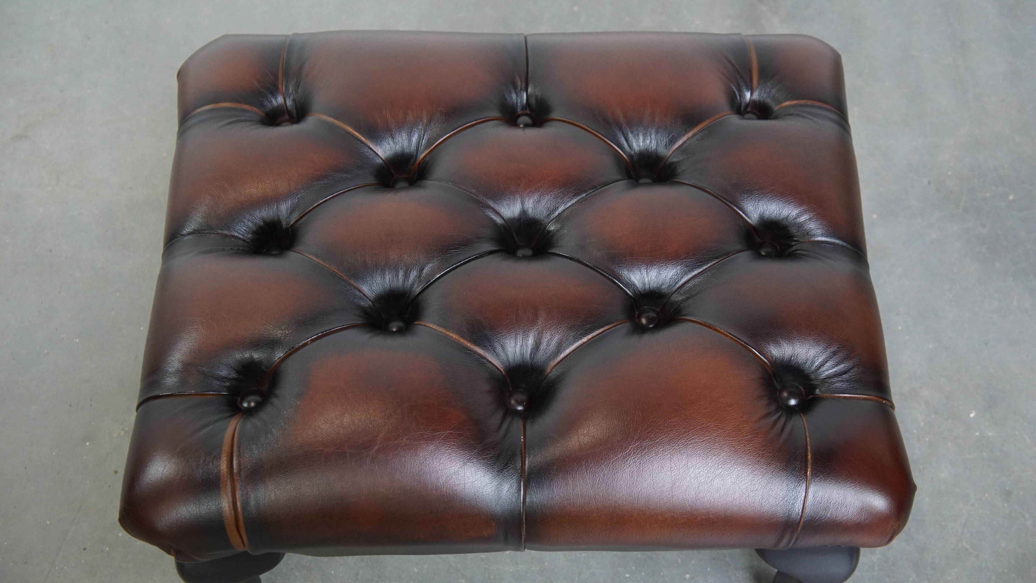 Dark Brown Chesterfield Ottoman Made of Cowhide Leather