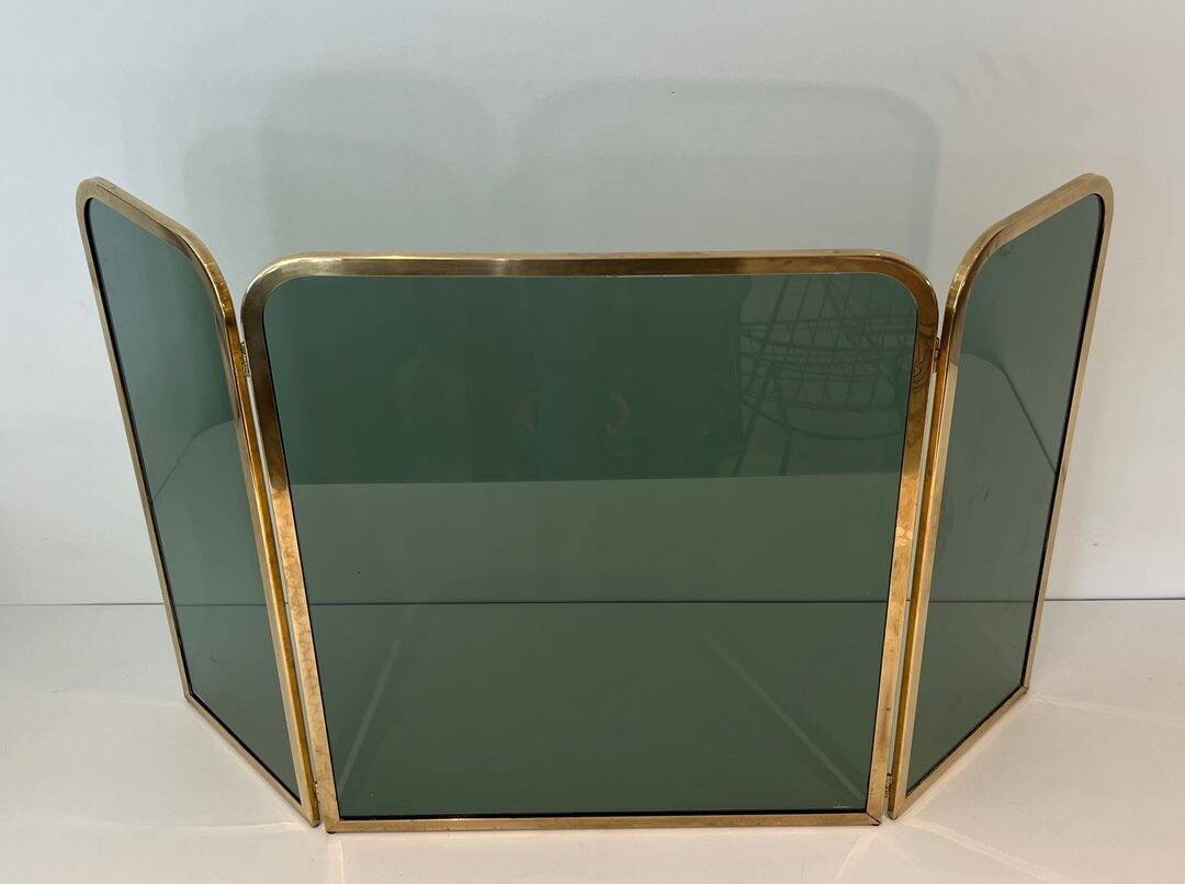 Three-Panel Folding Fire Screen in Tinted Green Glass with Brass Frame