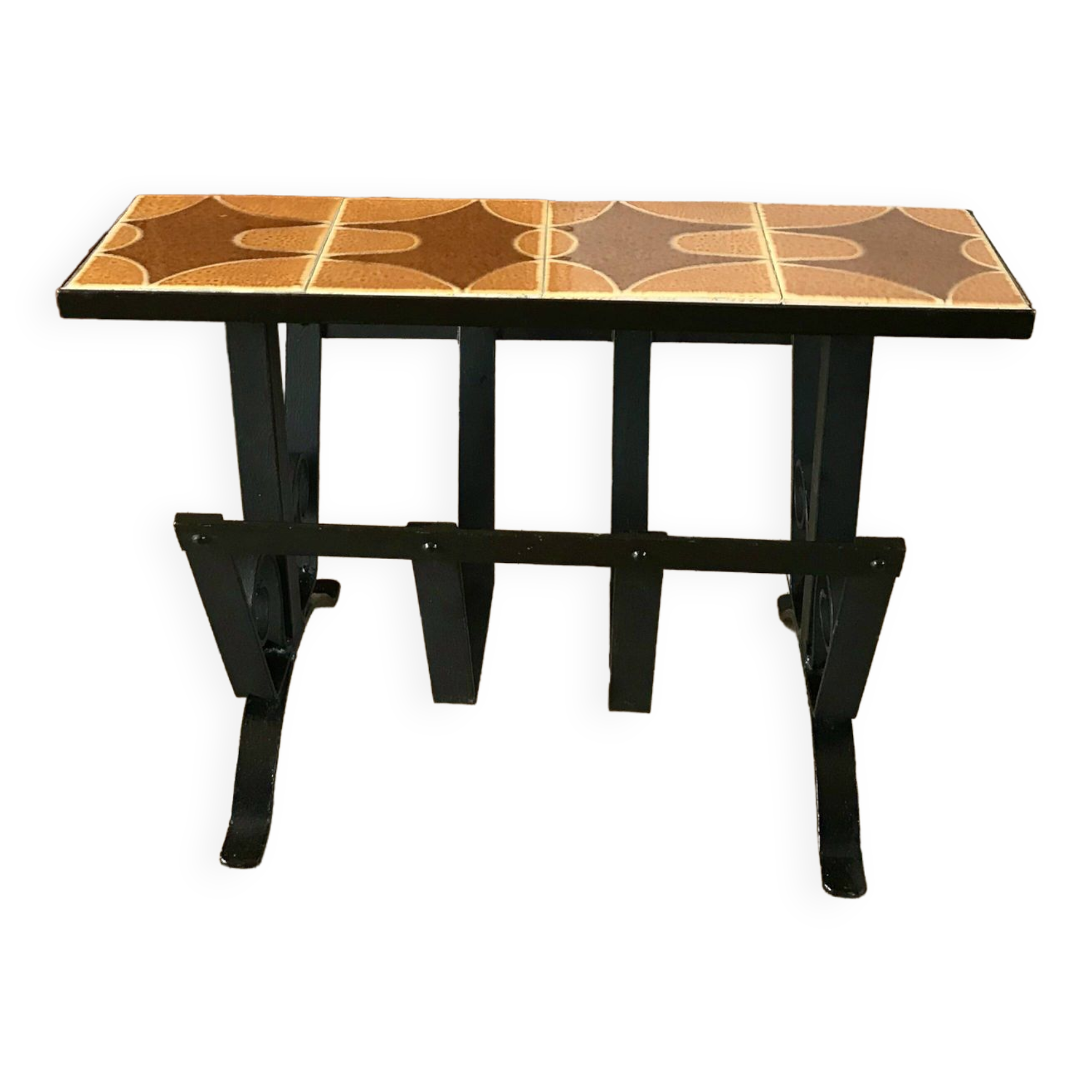 Magazine rack in ceramic and black, orange and brown iron from the 70s