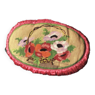 Vintage canvas cushion embroidered basket of flowers