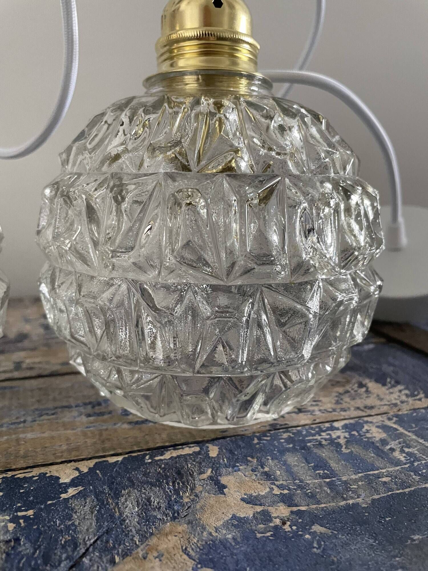 Set of two vintage electrified glass pendant lamps