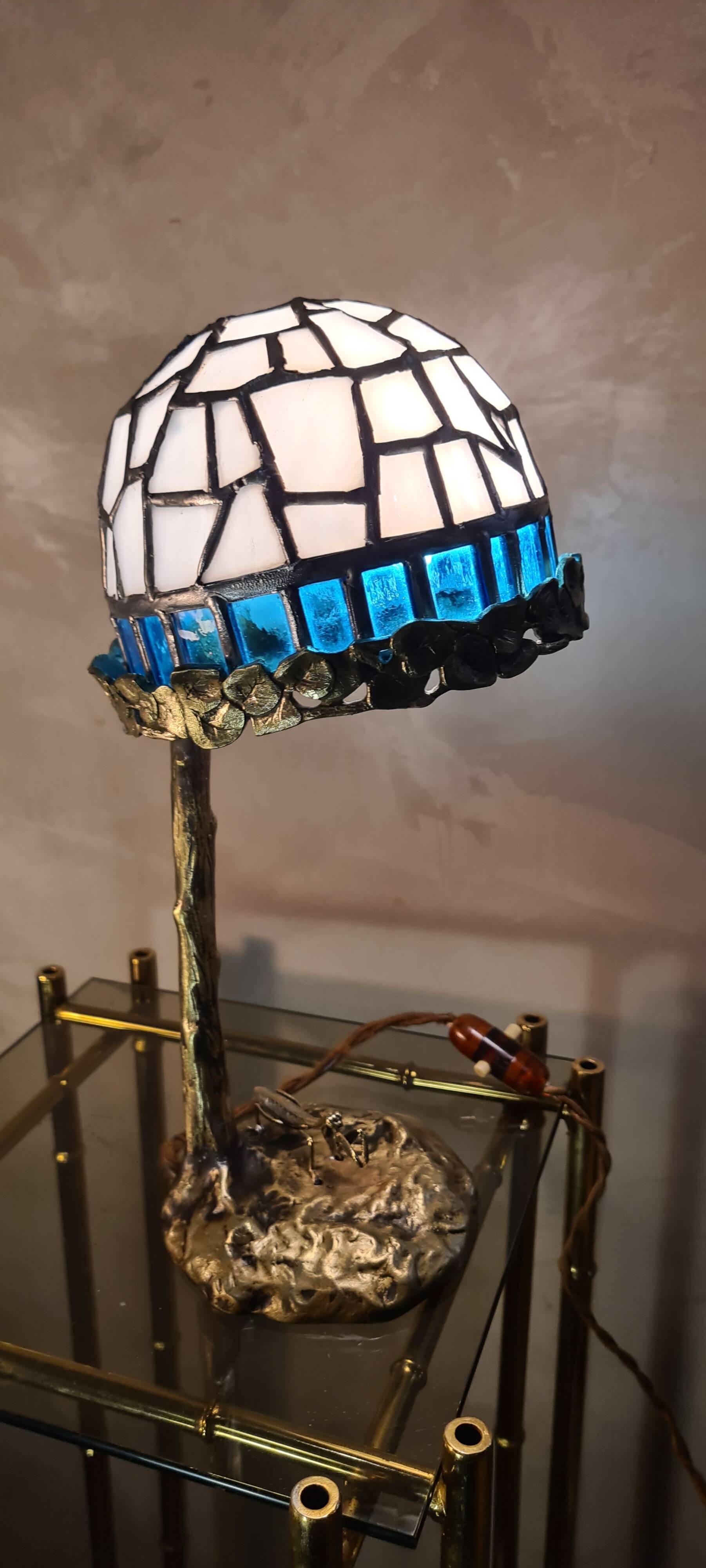 Small bronze praying mantis lamp, art nouveau, 32x15 tiffany style glass