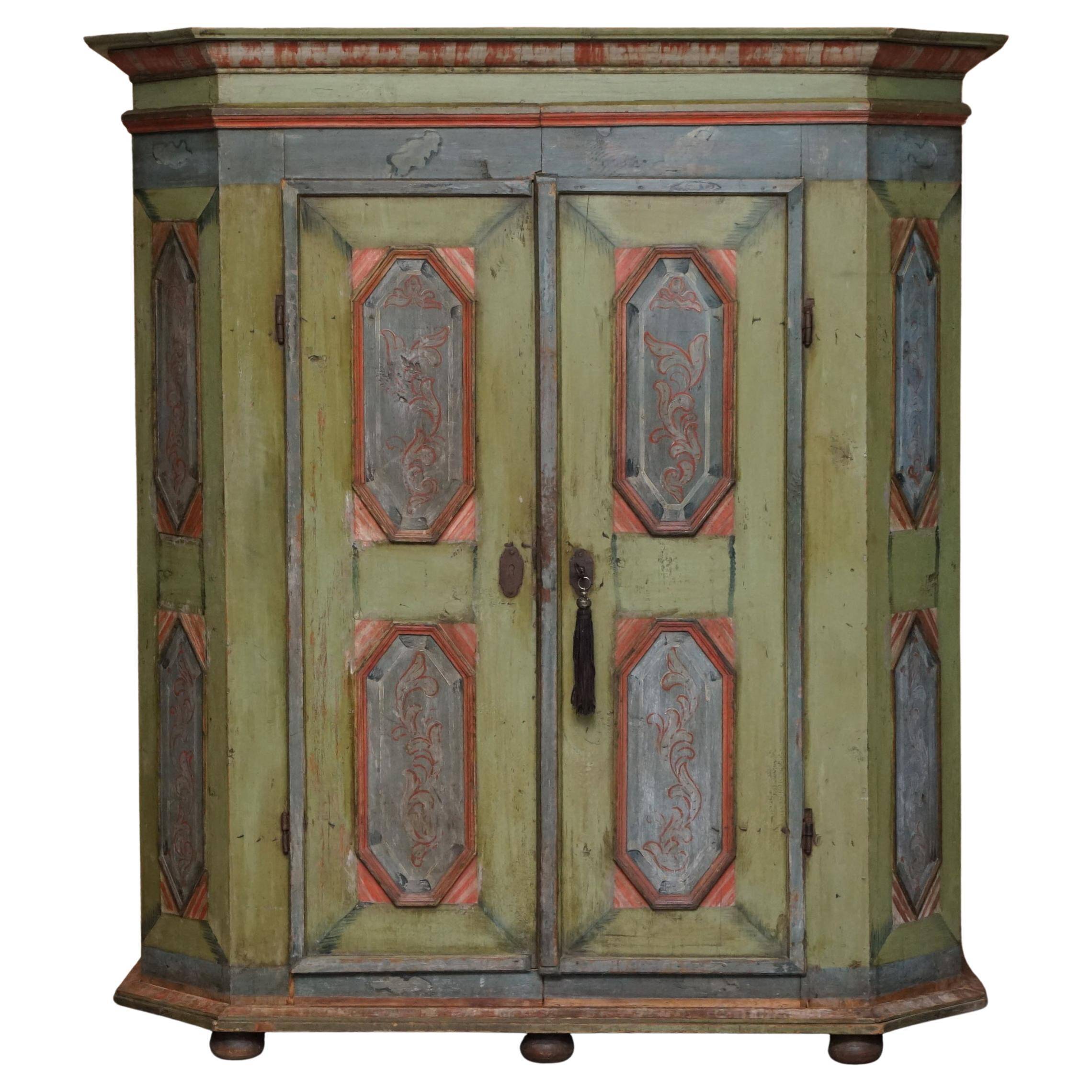 European Hand-Painted Wardrobe in Solid Oak circa 1800
