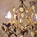 Lustre italien antique à 5 bras, roses en céramique et gouttes de cristal *ROMANCE*