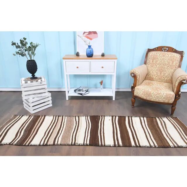 Vintage Turkish Oushak Handmade Cotton Beige Wool Runner Rug 71x275