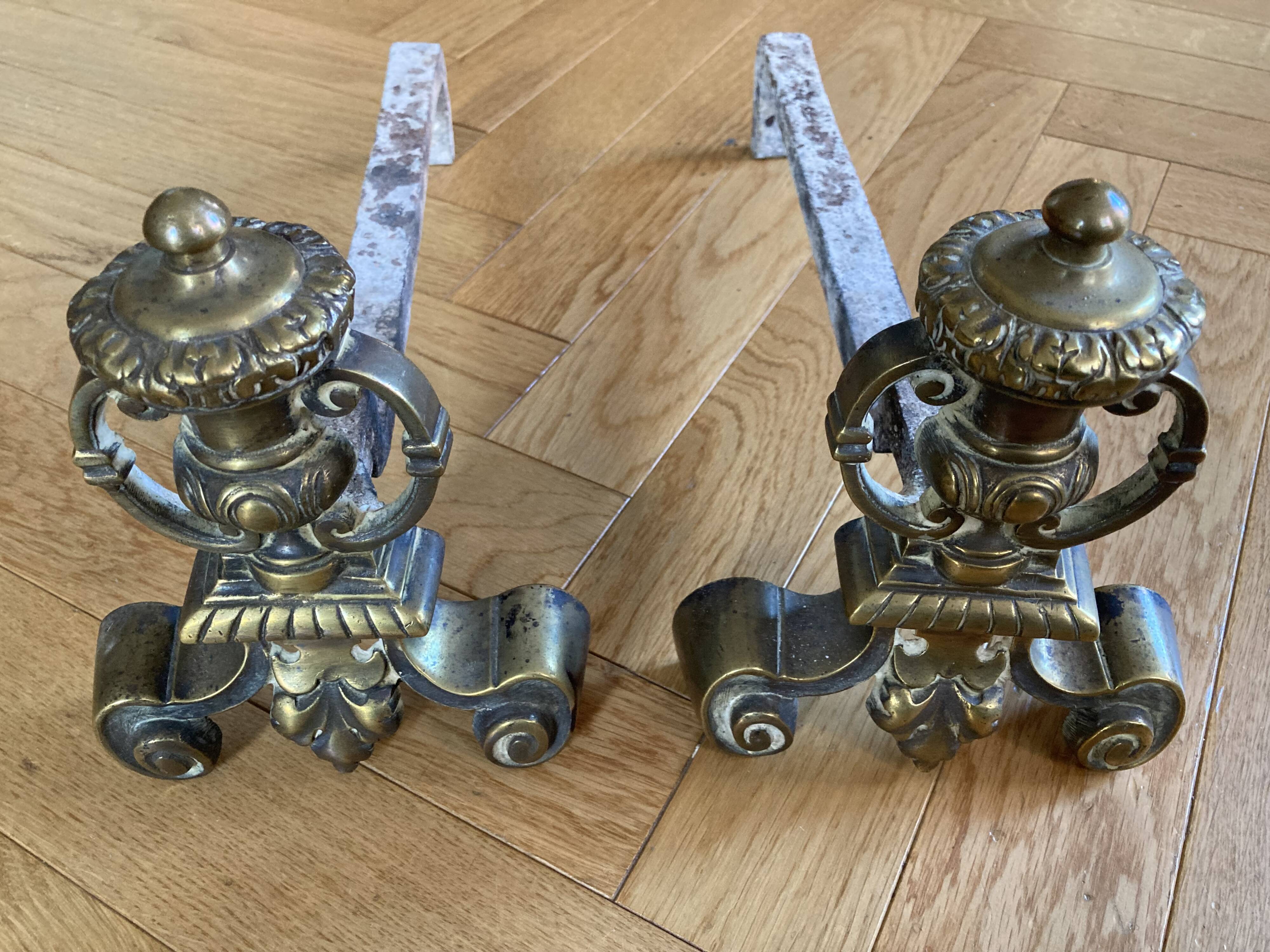 Antique bronze and cast iron chenets