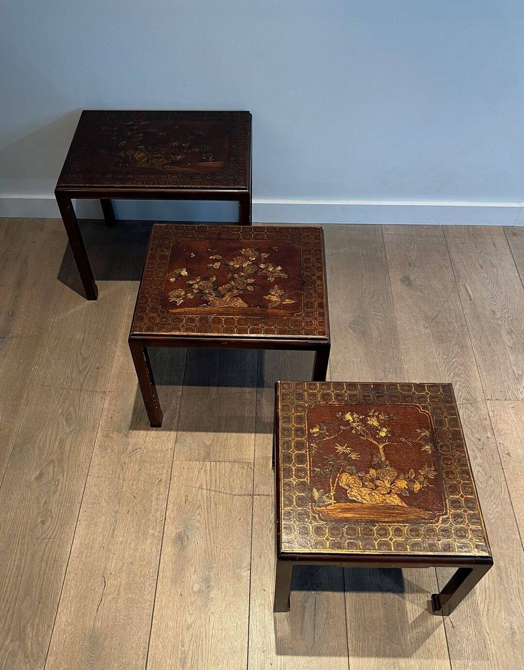 Set of Three Lacquered Nesting Tables with Chinese Decorations, France circa 19