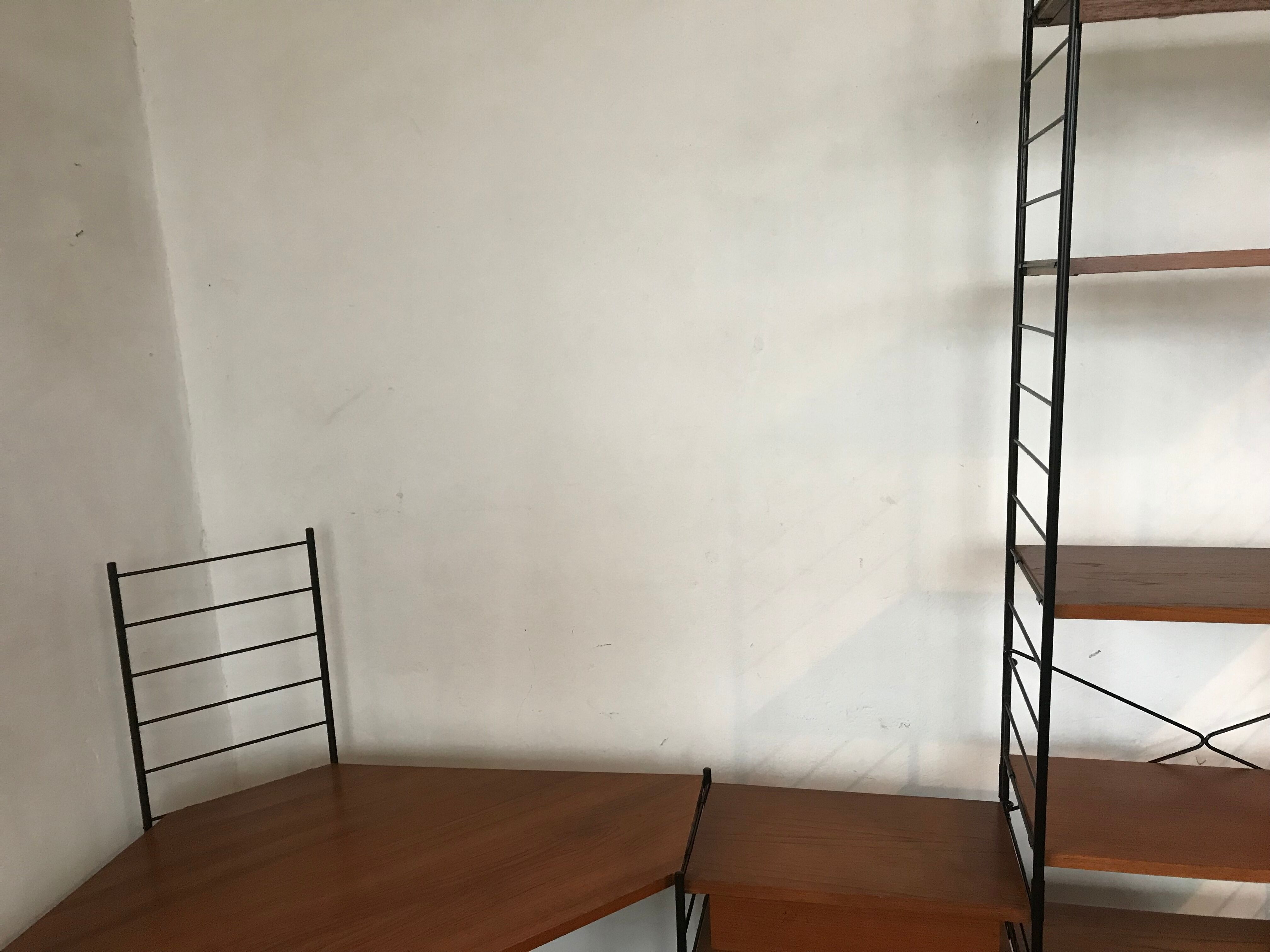 Modular vintage string wall shelf system with 1960-1980's desk