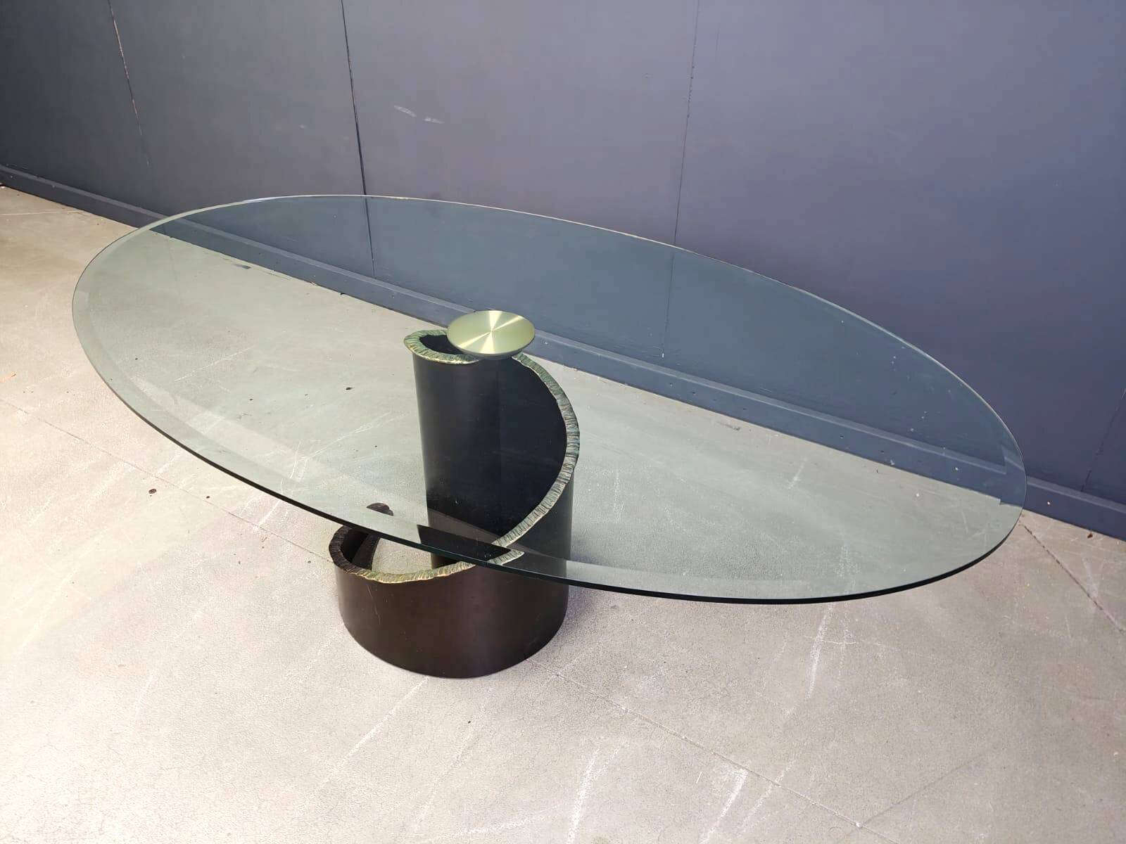 Table de salle à manger en verre et bronze de style brutaliste des années 1990, signée Barilone pour Roche B