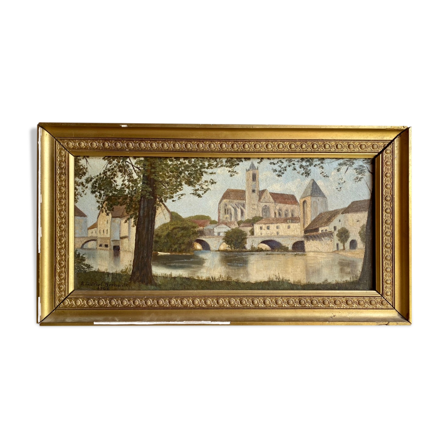 Ancient painting, landscape at the river signed and dated 1946