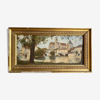 Ancient painting, landscape at the river signed and dated 1946