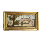 Ancient painting, landscape at the river signed and dated 1946