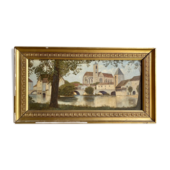 Ancient painting, landscape at the river signed and dated 1946