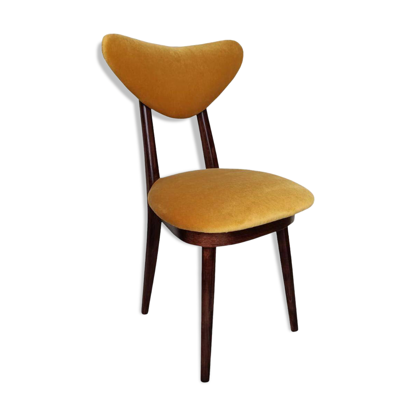 Yellow velvet heart-shaped chair, walnut wood, mid-century, Poland, 1960s.