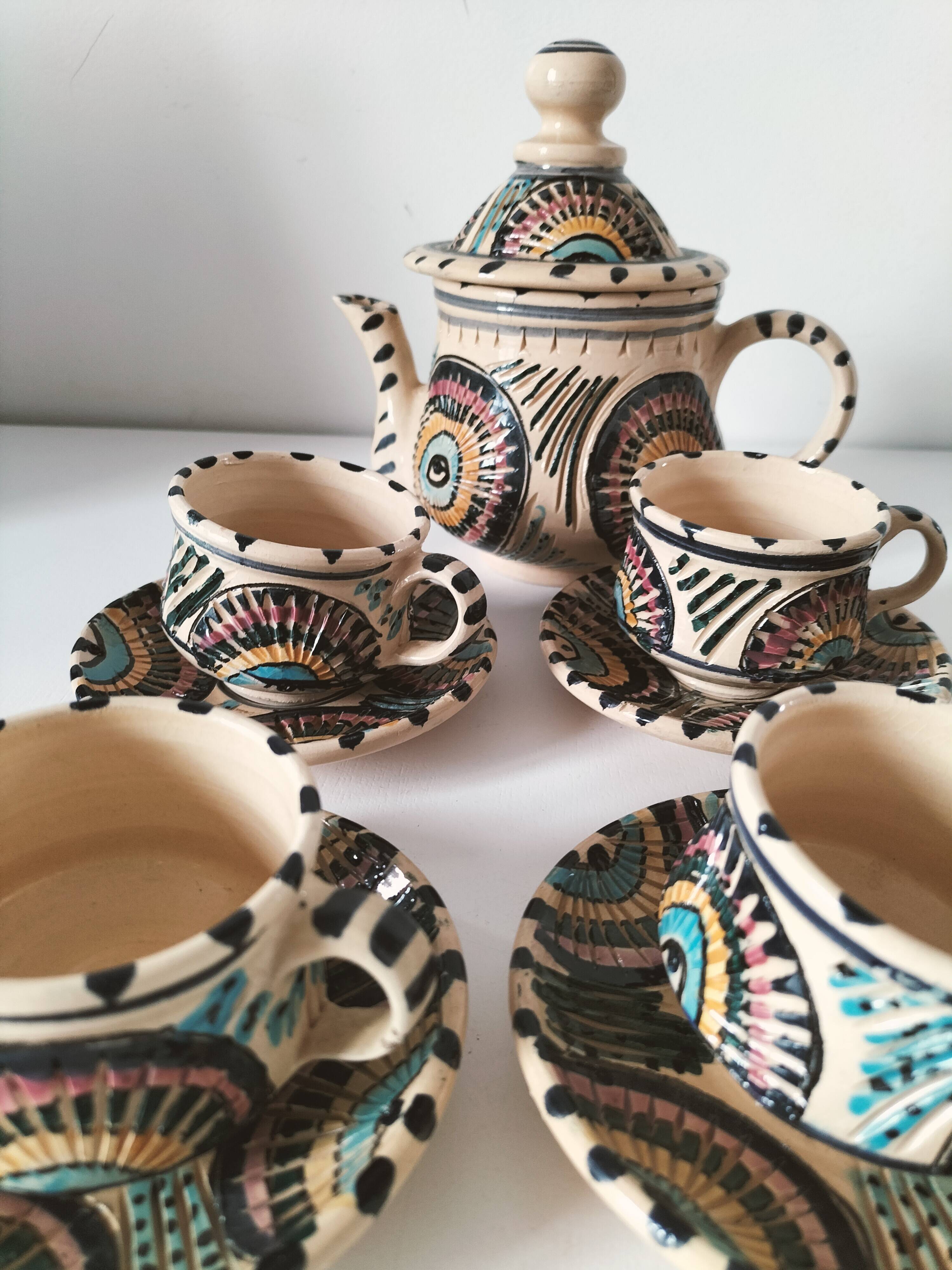 Vintage Moroccan tea set, teapot and 6 cups and saucers