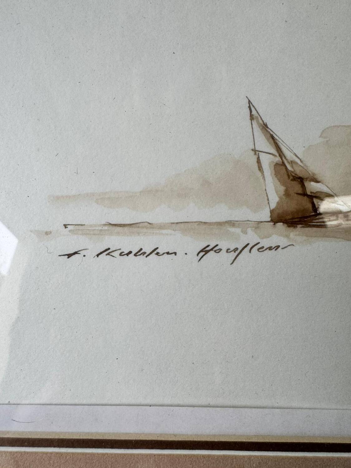 Marine watercolor of Honfleur by Francis Kuhlen, mid-20th century