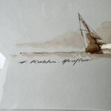 Marine watercolor of Honfleur by Francis Kuhlen, mid-20th century