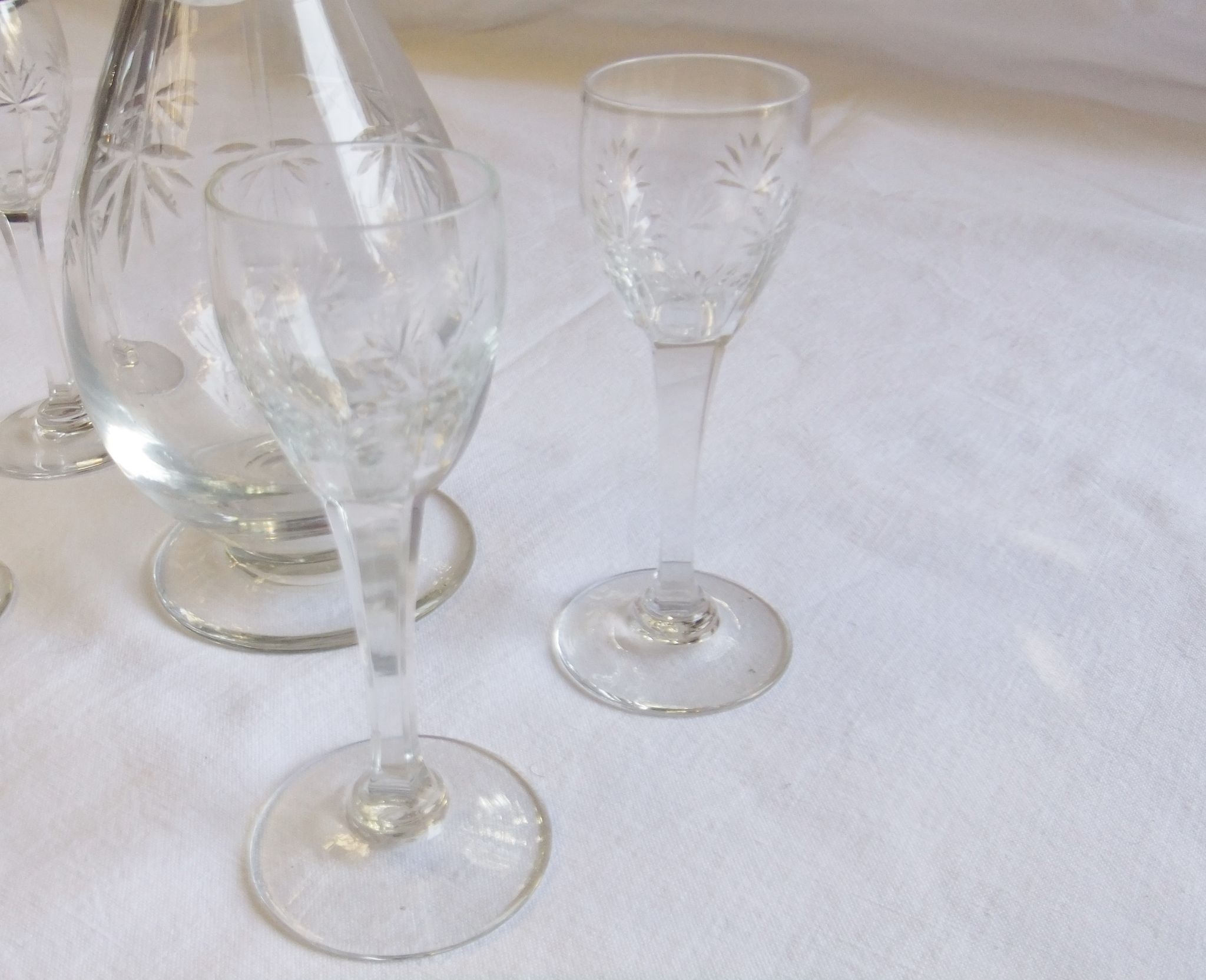 Bohemian crystal liqueur service Baccarat St Louis carafe glasses signed by an anchor