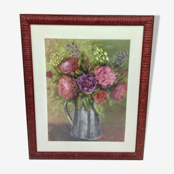 Tableau bouquet de pivoines et fleurs sauvages, années 70