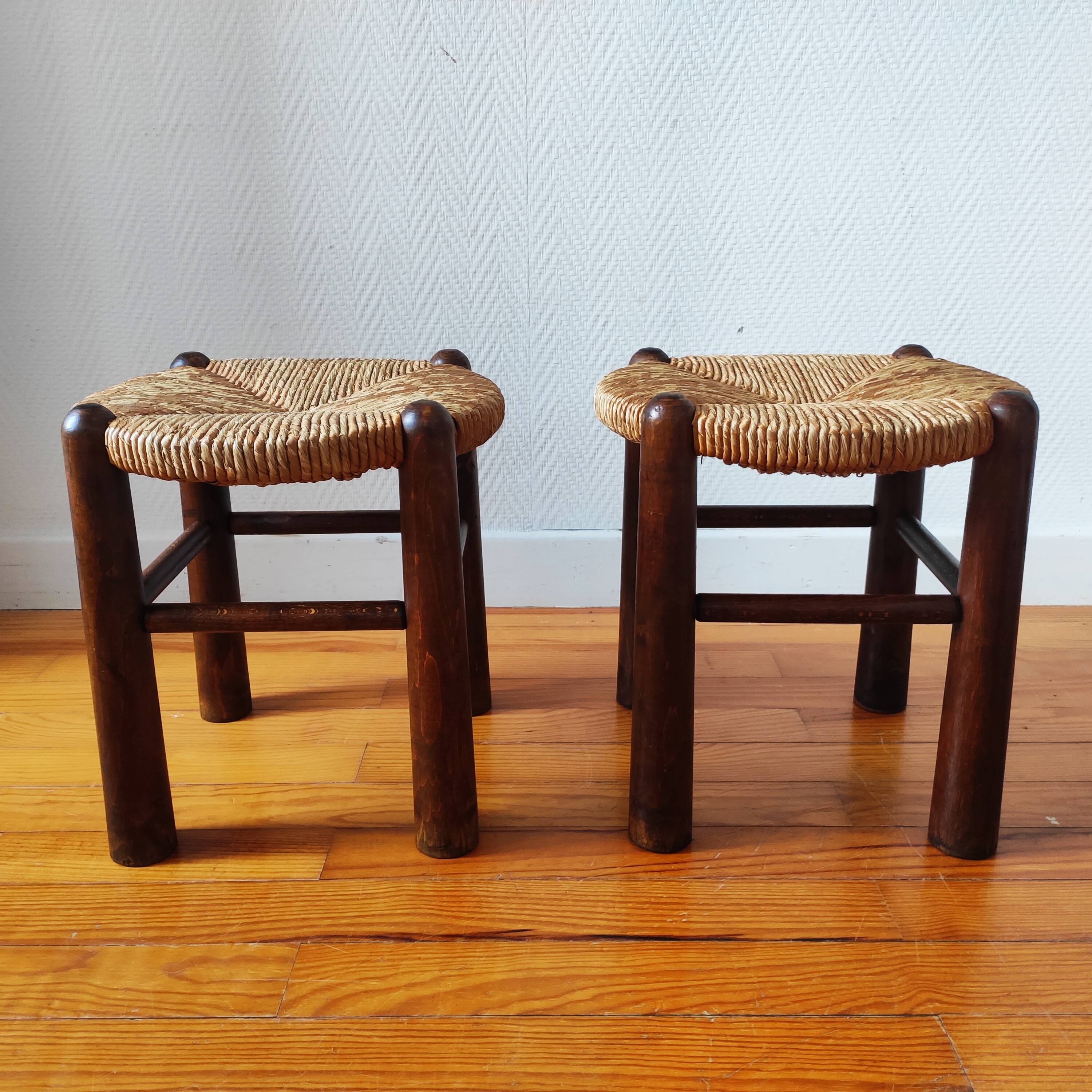 Brutalist wooden and straw stools - France 1950