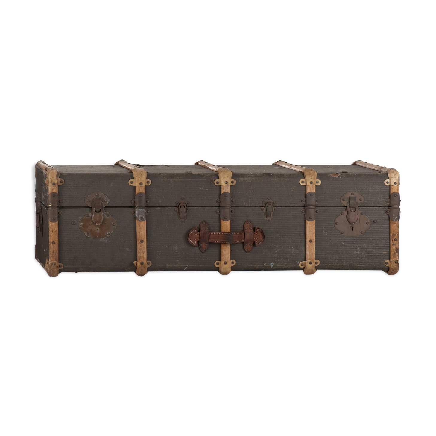 Trunk with wood, brass lock, khaki green coated canvas, circa 1930