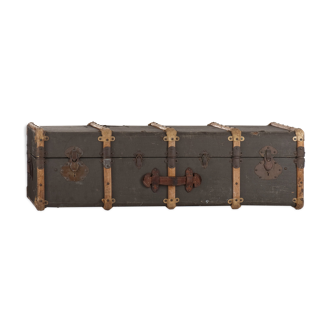 Trunk with wood, brass lock, khaki green coated canvas, circa 1930