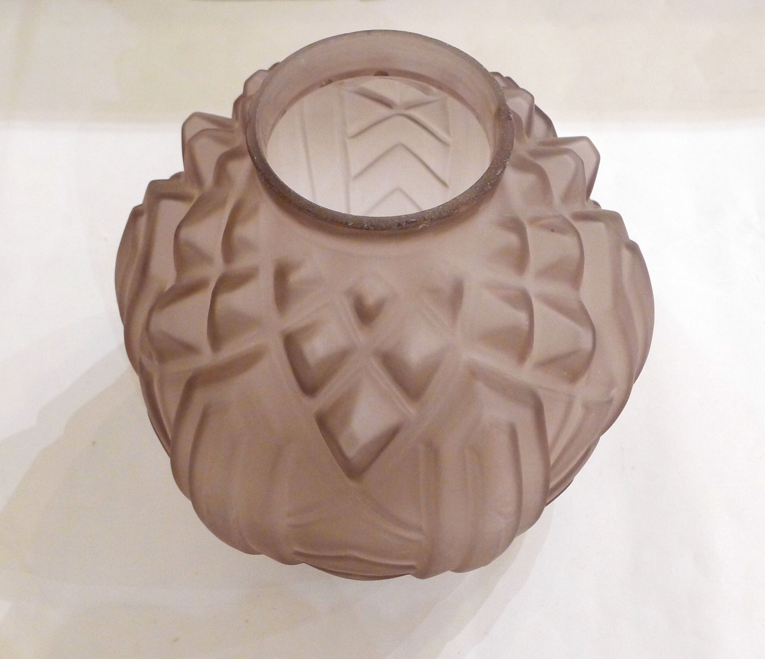 Art Deco ball vase, frosted violet glass