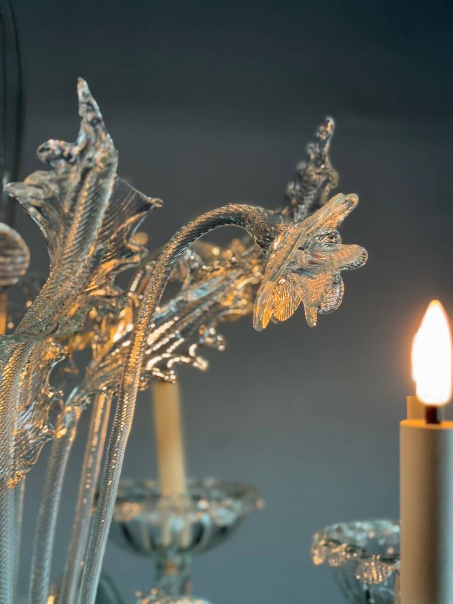 Venetian chandelier in colorless Murano glass, 6 light arms, circa 1940
