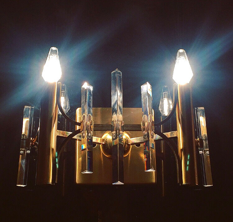 Golden wall lamp and glass crystals. 1970