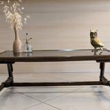 Table rotin vintage et verre rectangulaire