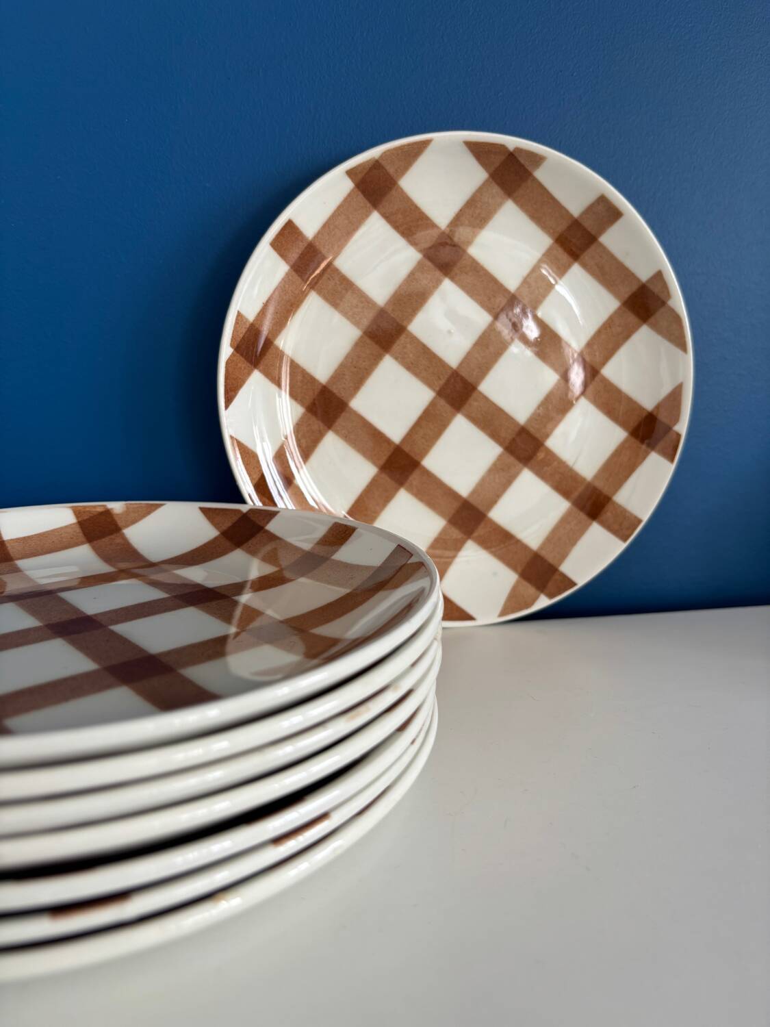 Set of 8 brown checkered plates Moulin des Loups tablecloth