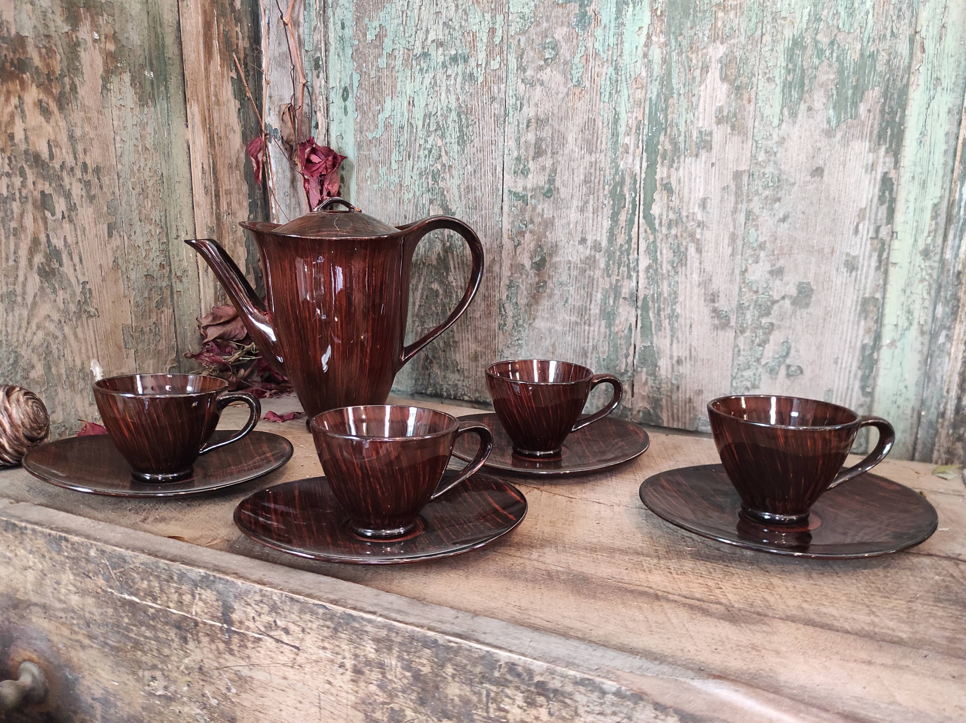 Mid Century French coffee set for 4, faïence Salins, model Bahamas