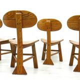 French Modern 3-Legged Chairs & Table in Solid Oak, 1970s