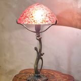 bronze lamp in Art Nouveau style from 1975 to 1985 with a high-quality glass shade