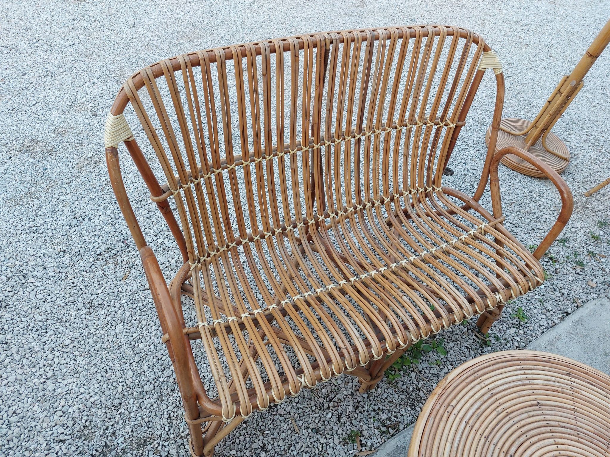 Set bench table and two armchairs in rattan 1950 vintage