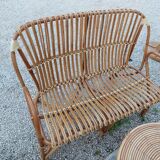 Set bench table and two armchairs in rattan 1950 vintage