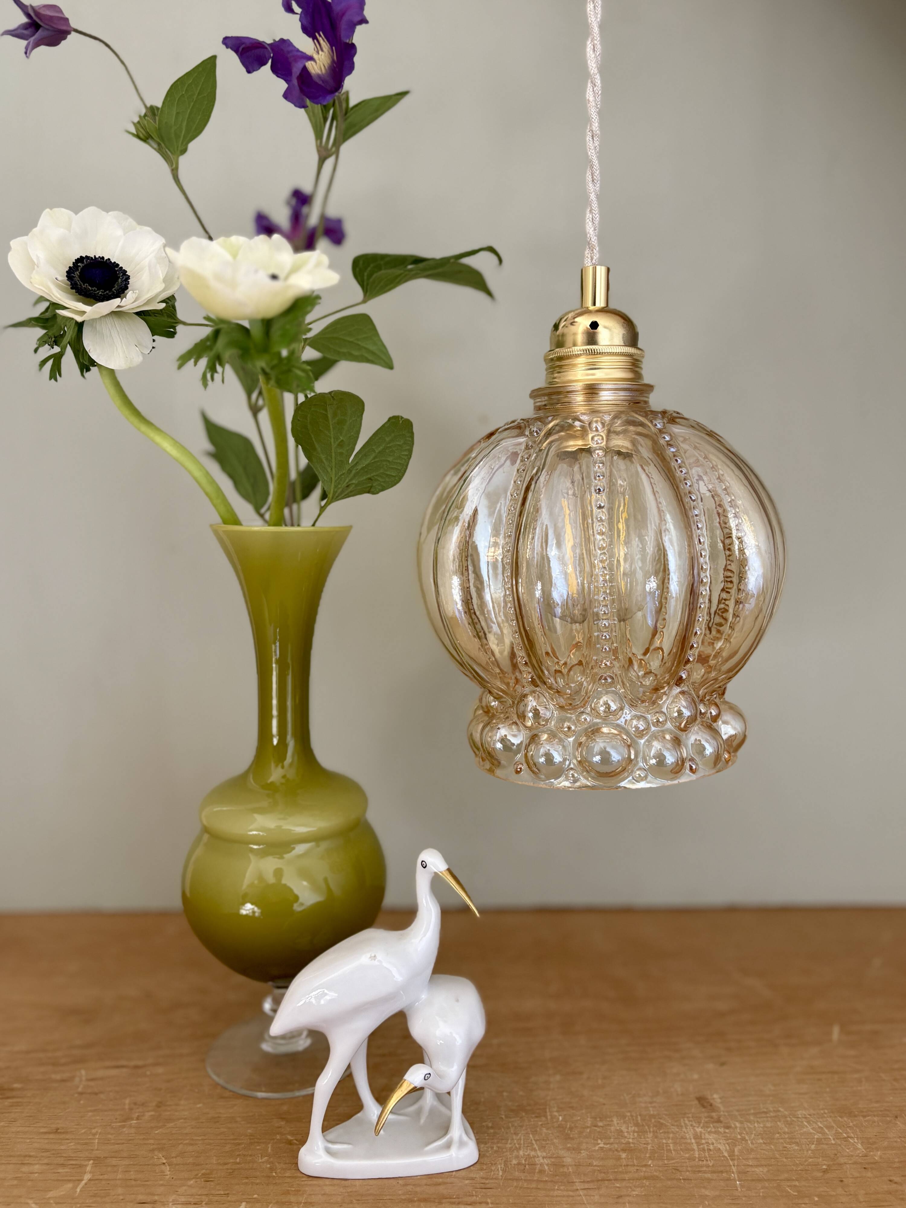Vintage globe pendant light in amber bubble glass