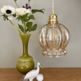 Vintage globe pendant light in amber bubble glass