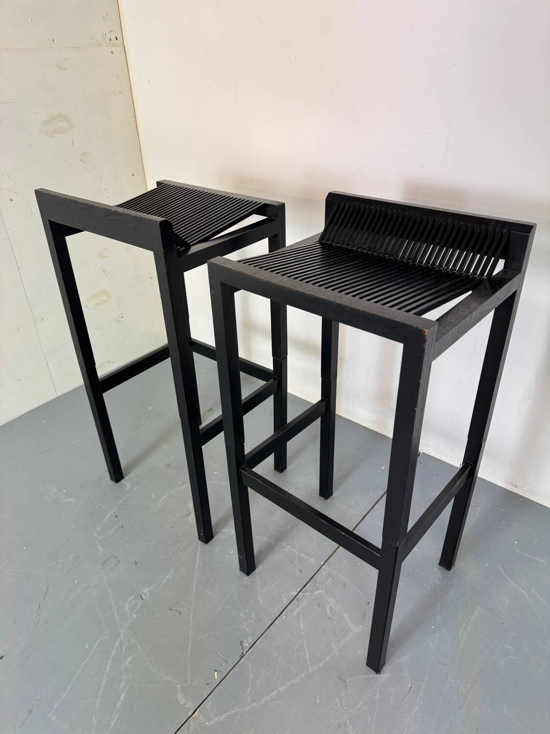 2 Modernist black Wood and Steel Bar Stools by Ruud Jan Kokke, 1980s