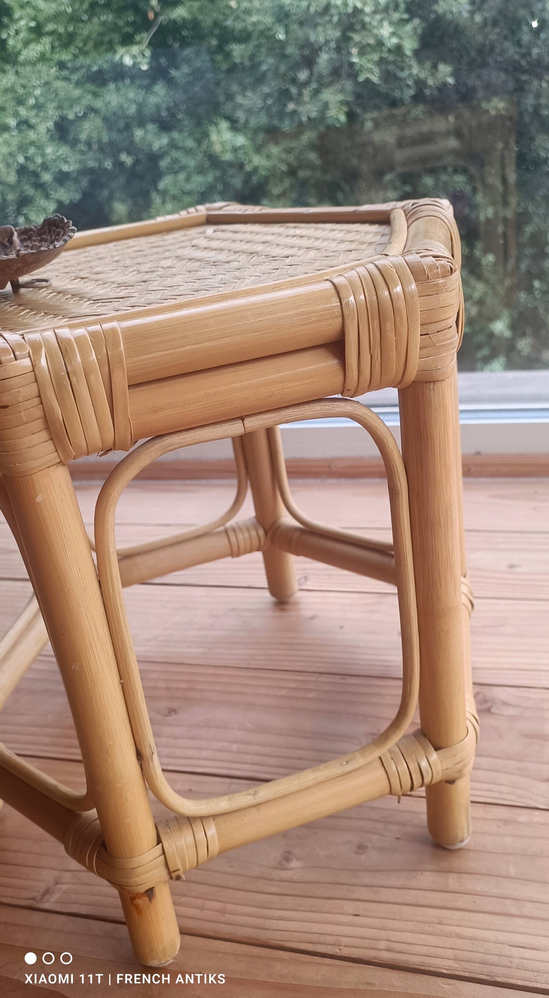 Hexagonal coffee table, vintage 1980s, bamboo and woven rattan. Handmade.