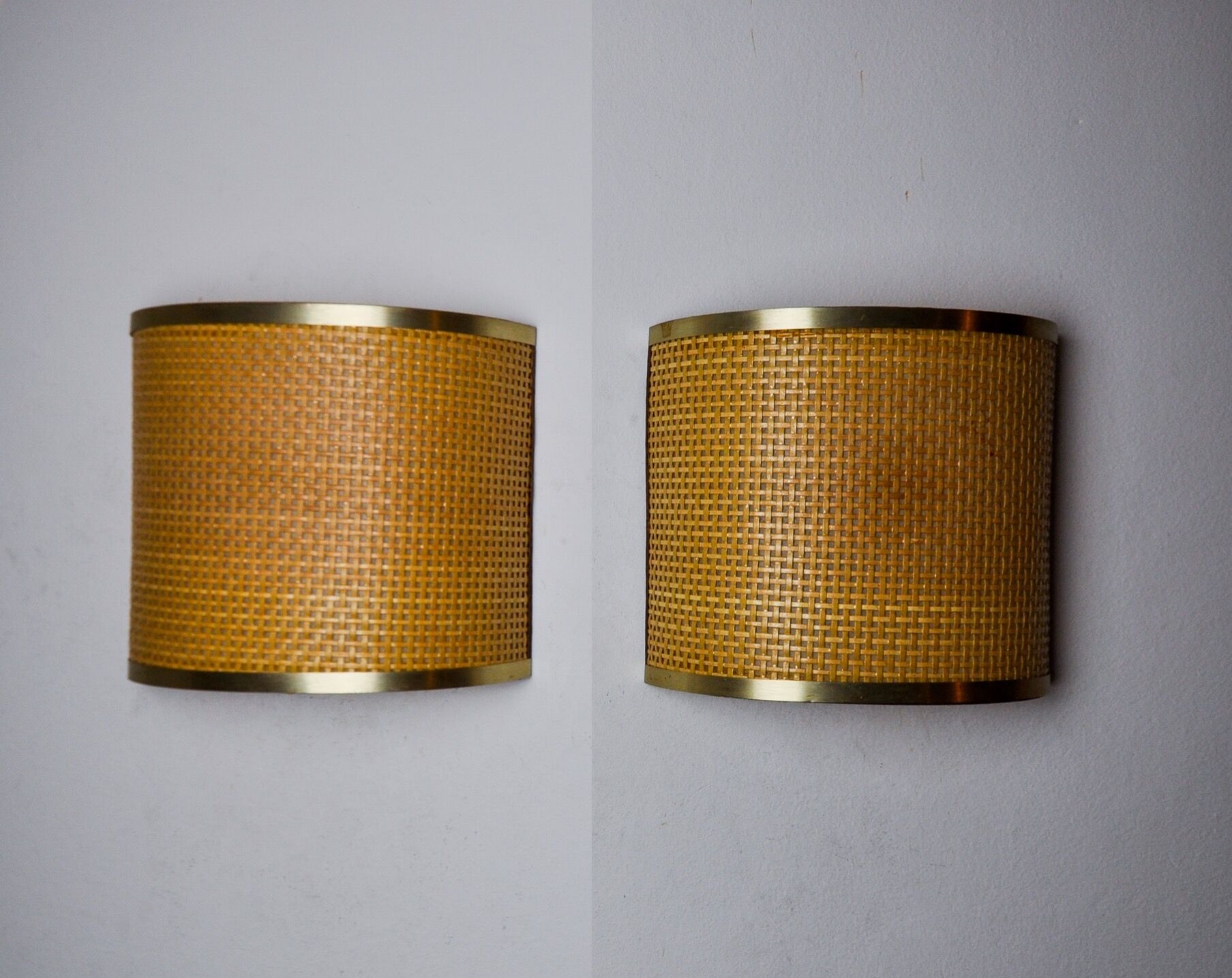 Pair of rattan and brass appliques, Italy, 1960