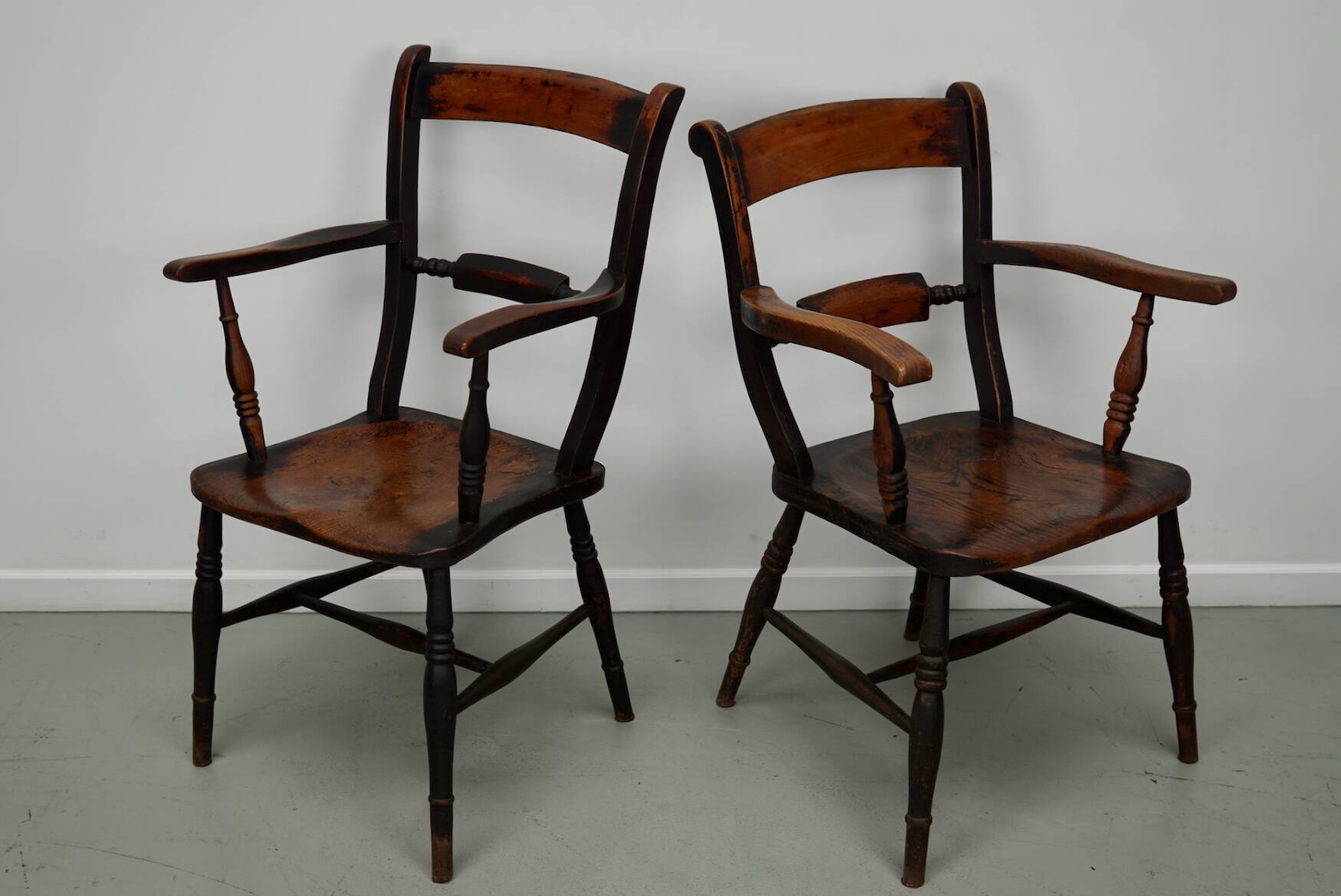 Pair of Antique Oxford Chairs, Windsor, Lath Back, Armchair, Elm, 19thc